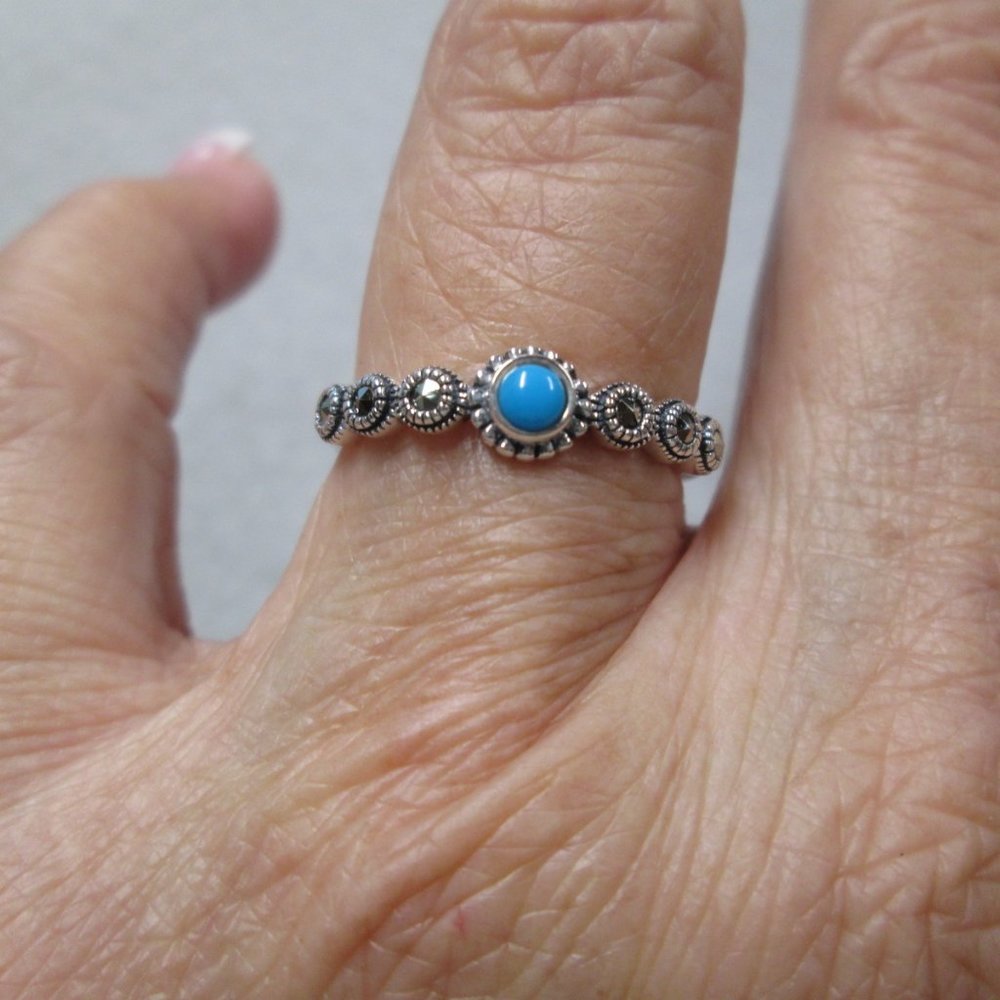 TURQUOISE & MARCASITE 925 Sterling Silver Ring> Dainty, Promise,Love,Non Tarnish